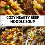 Bowl of Hearty Noodle Soup filled with chopped stew meat, noodles, and vegetables in beef broth.